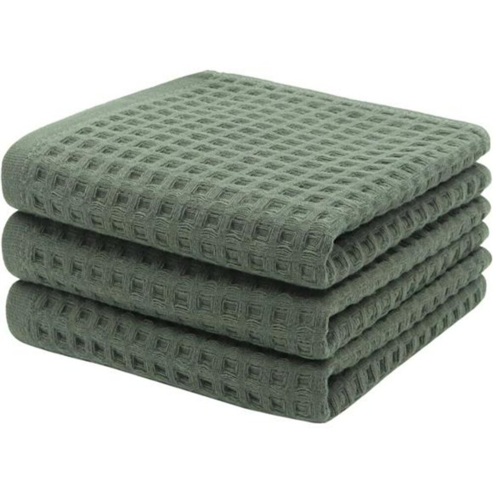 Waffle Hand Towels 3 Pack Olive Green Quick Dry Cotton